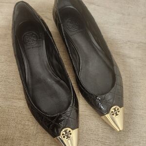 Tory Burch Black Quilted Flats with Gold Tips